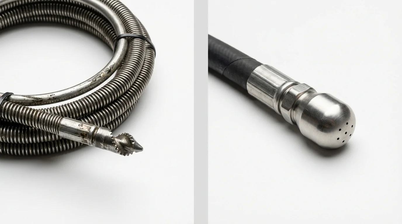 Drain snake cable and hydro jetting nozzle used for drain cleaning in Parsippany, NJ