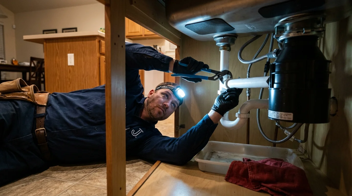 P-trap and supply line connections under a kitchen sink showing a common leak point in Parsippany, NJ